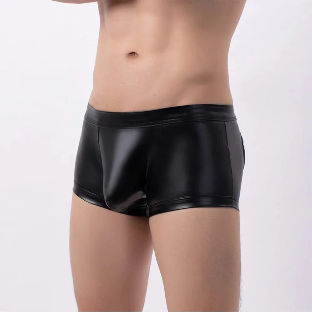 Mens Open Back Boxers Male Underwear Faux Leather Open Butt